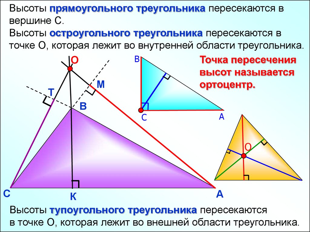Отношение пересечения высот треугольника. Высота тупоугольного треугольника 8 класс. Высота в тупоугольном треугольнике свойства. 4 Замечательные точки остроугольного треугольника. Точка пересечения высот в прямоугольном треугольнике.