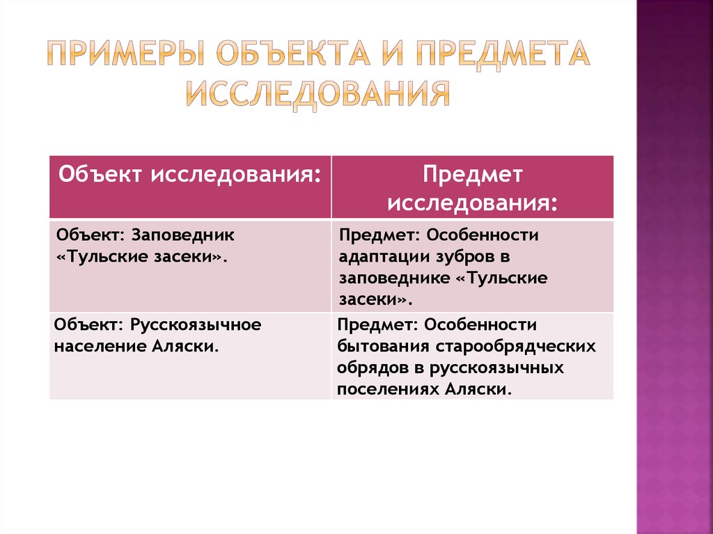 Области исследования проекта примеры