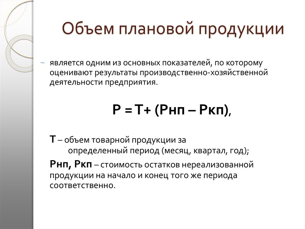 Объем реализованной продукции по плану рассчитывается по формуле