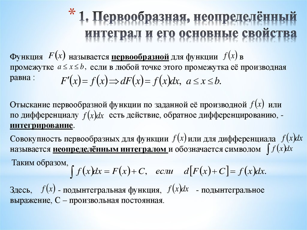 Презентация первообразная и неопределенный интеграл