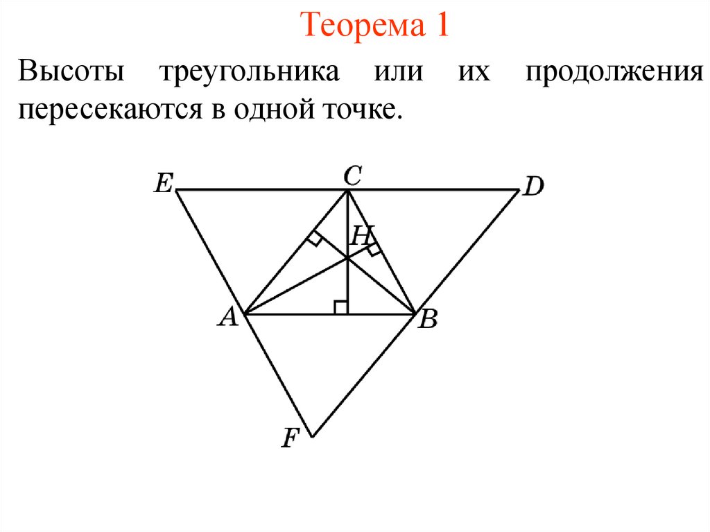 Сформулируйте теорему о пересечении высот треугольника. Теорема о пересечении высот треугольника 8. Высоты треугольника или их продолжения пересекаются в одной точке.
