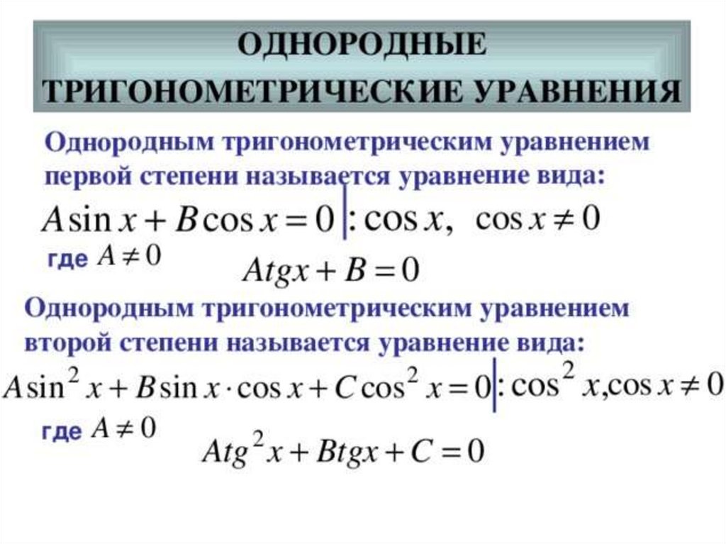 Однородные уравнения. Однородные тригонометрические уравнения формулы. Решение однородных тригонометрических уравнений 1 и 2 степени. Однородное уравнение 2 степени тригонометрических функций. Алгоритм решения однородных тригонометрических уравнений 2 степени.