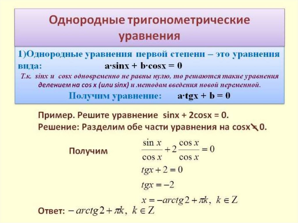 Однородные уравнения. Как решать однородные уравнения 2 степени. Однородное уравнение 1 степени в тригонометрии. Алгоритм решения однородных тригонометрических уравнений. Однородные уравнения тригонометрия 2 степени.