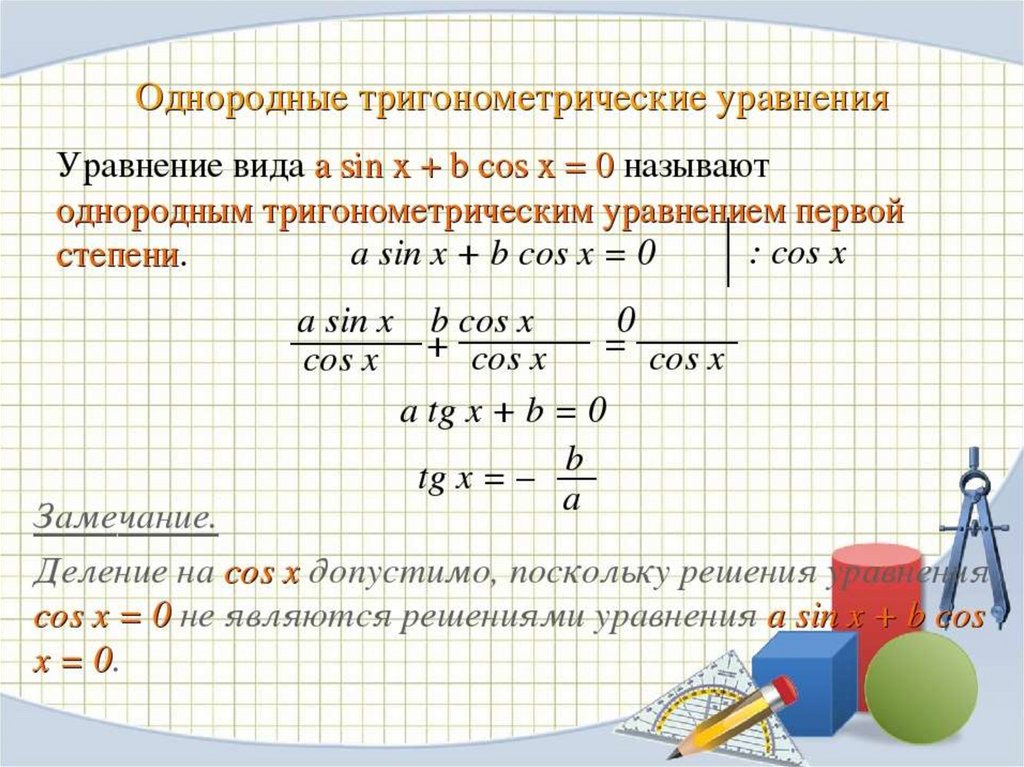 Решение однородных уравнений. Алгоритм решения однородных тригонометрических уравнений. Алгоритм решения тригонометрических уравнений первой степени. Решение однородных тригонометрических уравнений второй степени. Метод решения однородных тригонометрических уравнений.