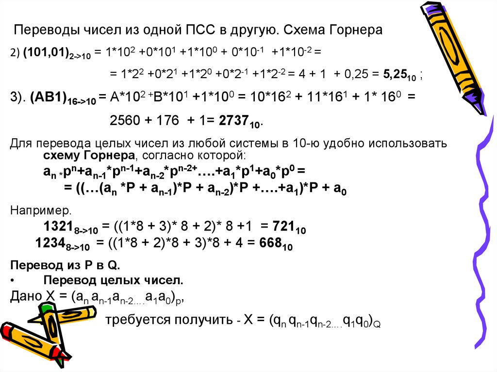 Перевести следующие числа в десятичную систему счисления и проверить результат по схеме горнера