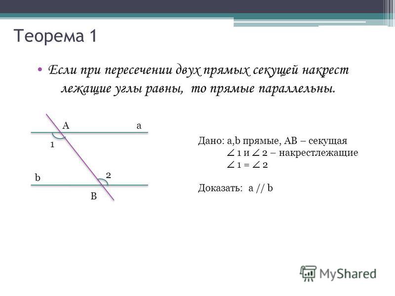 Доказательство теоремы о свойстве накрест лежащих углов