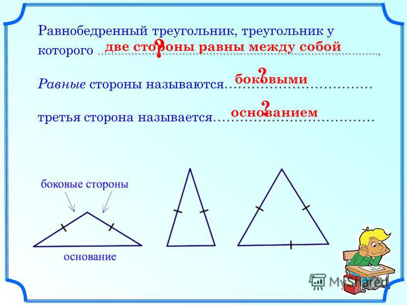 Признаки равенства треугольников свойство равнобедренного треугольника. Равнобедренный треугольник. Равнобедренный треуголь. Название сторон равнобедренного треугольника. Равнобедренный треугольник треугольник.