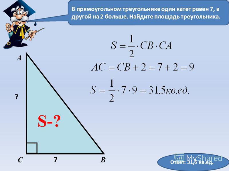 Найдите площадь треугольника катеты 7 14