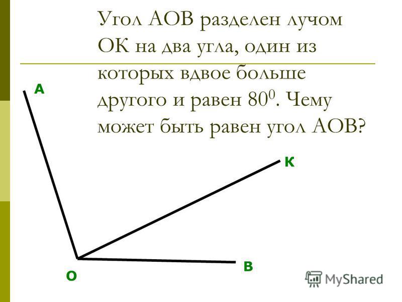 Проходит между сторонами угла. Луч делит на два угла. 2 Угол АОВ. Луч делит развернутый угол. Луч делит угол на два угла.