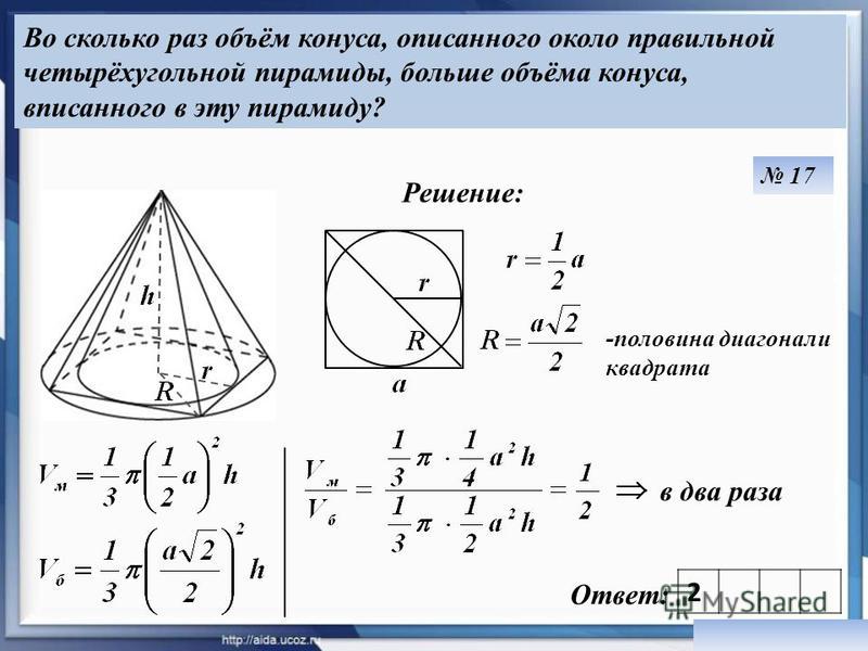 Во сколько раз емкость. Объем вписанного и описанного конуса. Объем конуса вписанного в пирамиду. Объем пирамиды и конуса. Правильная пирамида вписанная в конус.