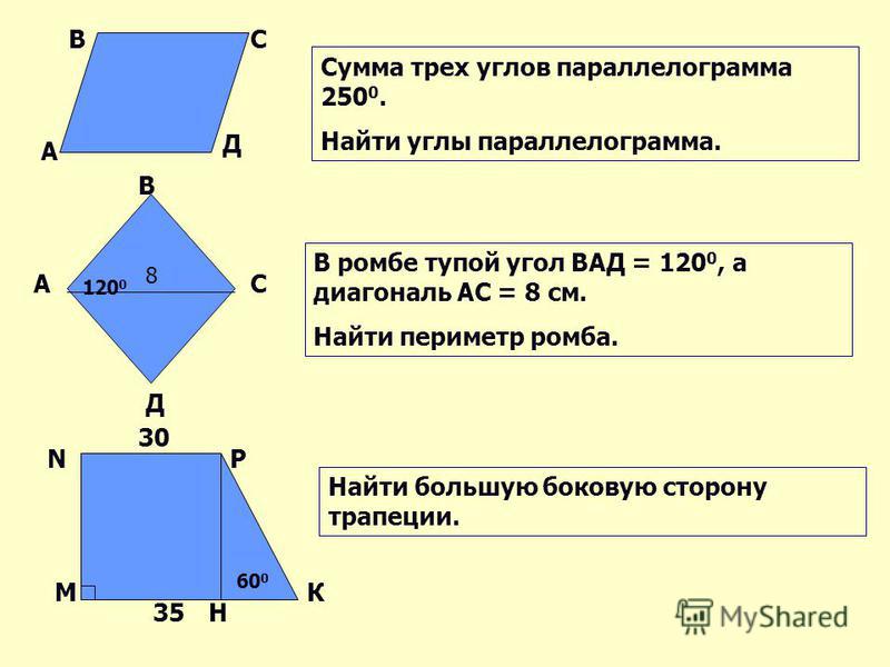 Ромб свойства площадь. Задачи по геометрии для 8 класса по теме Четырехугольники. Задачи на Четырехугольники. Решение задач по теме Четырехугольники. Задачи на параллелограмм и ромб.