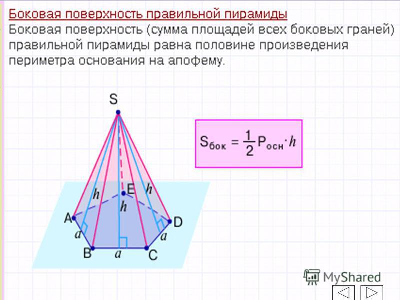 Сторона основания пирамиды формула. Площадь боковой грани правильной пирамиды. Площадь боковой поверхности пятиугольной пирамиды формула.