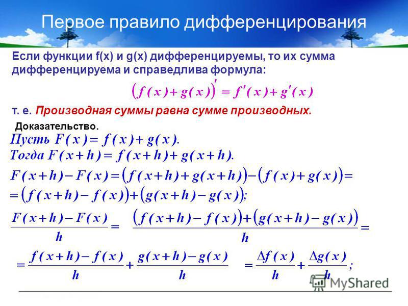 Правила дифференцирования суммы. Правило дифференцирования. Дифференцирование функции.