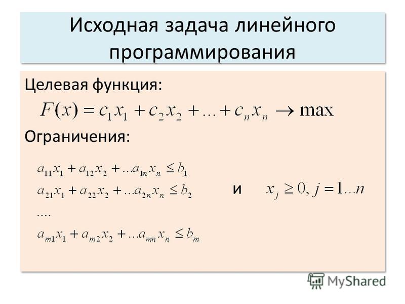 Исходная задача. Целевая функция задачи линейного программирования. Каноническая задача линейного программирования. Каноническая форма задачи линейного программирования. Система ограничений задачи линейного программирования.