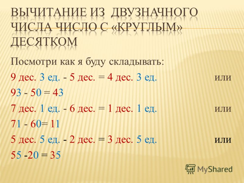 Вычитание из круглых десятков презентация