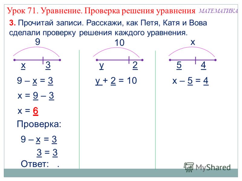 Реши уравнения сделай. Как сделать проверку уравнения 4 класс. Как делать проверку в уравнениях. Как сделать проверку уравнения. Как решить уравнение с проверкой.