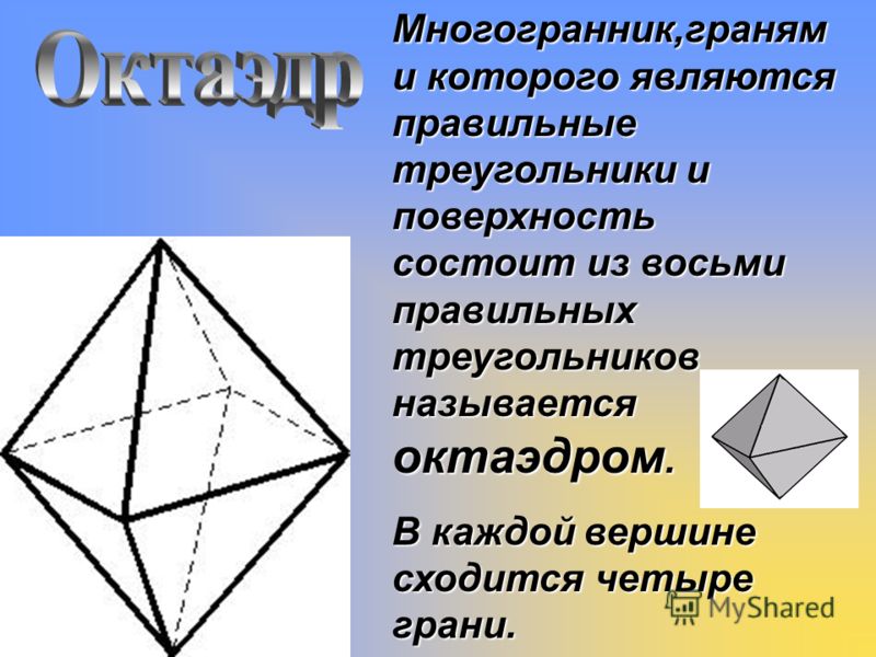Виды октаэдров. Грани многогранника. Правильный многогранник, гранями которого являются правильные. Правильные многогранники октаэдр.