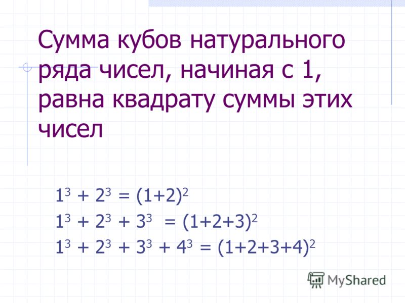 Сумма 100 последовательных натуральных чисел. Сумма ряда квадратов. Сумма квадратов первых n натуральных чисел.