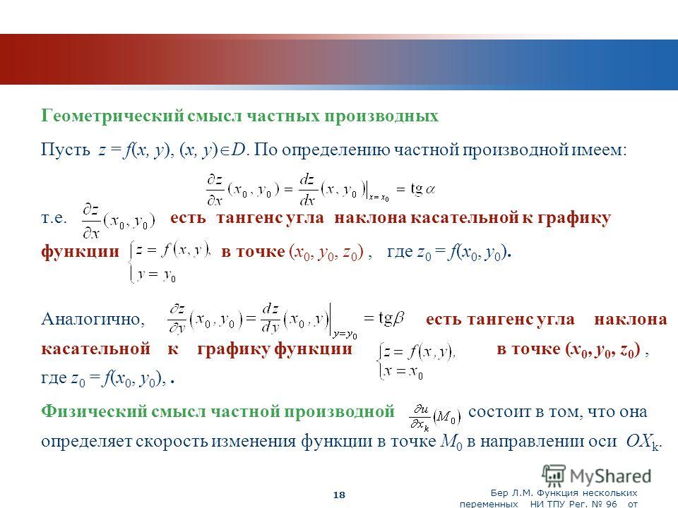 Геометрический смысл частной производной. Геометрический смысл частной производной функции двух переменных. Геометрический смысл производной функции двух переменных. Производные неявных функций нескольких переменных. Геометрический смысл частной производной функции.