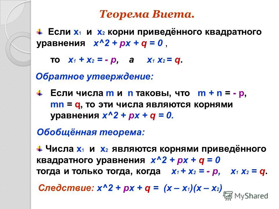 Решение квадратного уравнения теорема виета. Теорема Виета уравнения.