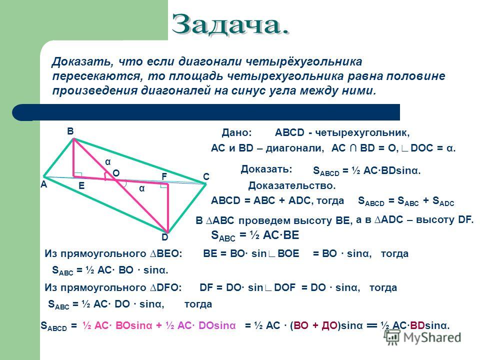 Диагонали выпуклого четырехугольника пересекаются. Площадь четырехугольника диагонали. Произведение диагоналей на синус угла между ними. Площадь четырехугольника через диагонали. Площадь четырехугольника равна половине произведения диагоналей.