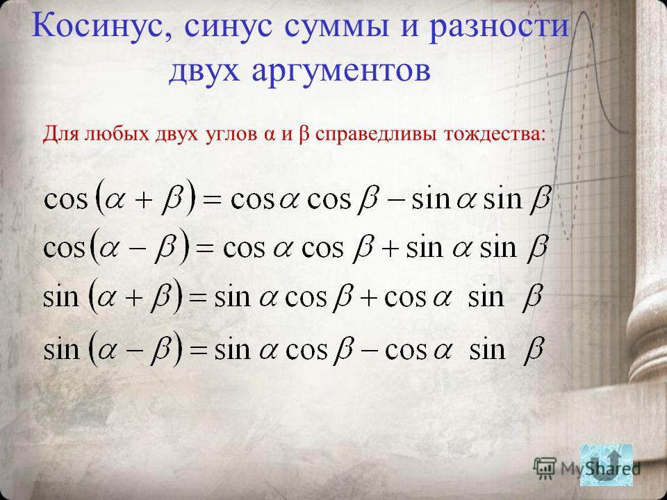 Сумма синусов. Формула косинуса разности двух углов. Формулы суммы и разности синусов и косинусов. Формула косинуса суммы двух углов. Формулы косинуса суммы и разности двух аргументов.