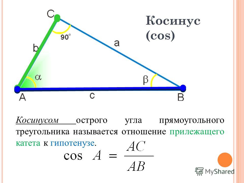 Косинусы прилежащих углов. Косинус угла в прямоугольном треугольнике.