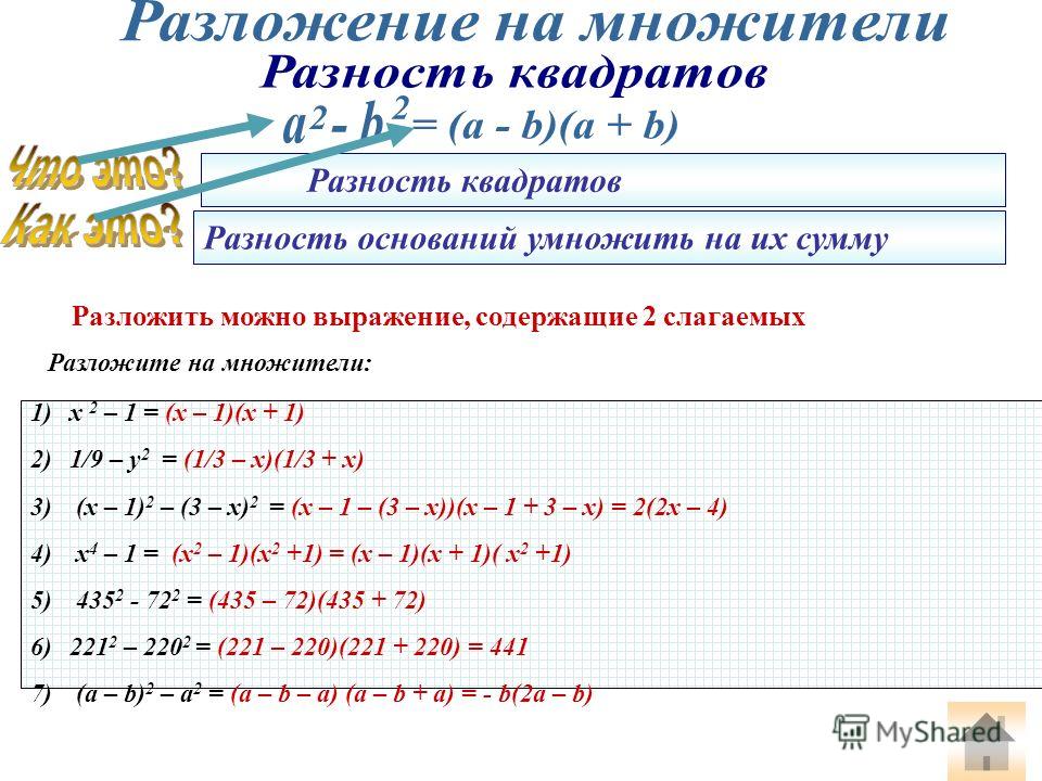 Презентация разложение разности квадратов на множители 7 класс презентация