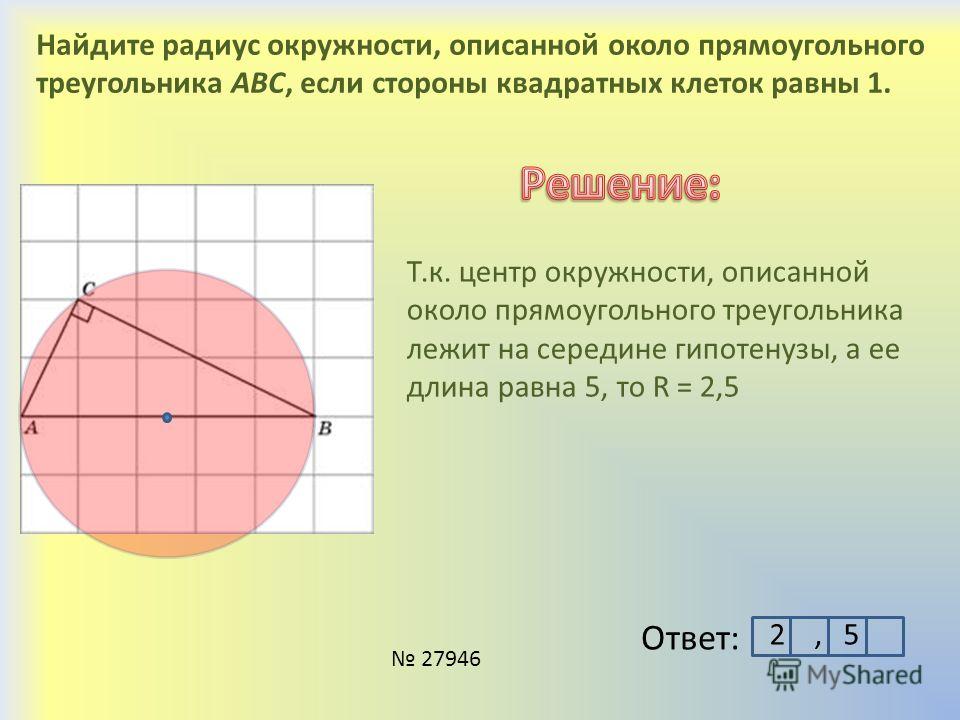 Найдите радиус окружности изображенной на рисунке стороны квадратных клеток равны 1