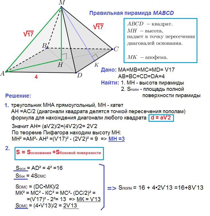 Сторона основания пирамил. Высота правильной треугольной пирамиды формула. Высота правильной четырехугольной пирамиды формула. Высота пирамиды формула треугольной. Формула стороны основания правильной четырехугольной пирамиды.