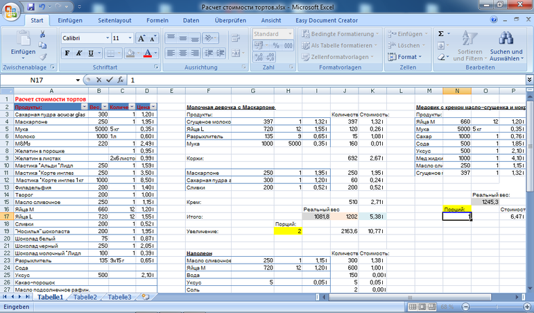 Расчет продуктов для тортов