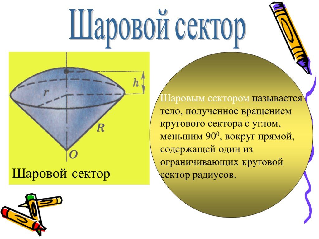 Сектором называется. Шаровой сектор элементы. Определение шарового сектора. Тела вращения шаровой сектор. Тело полученное вращением кругового сектора.