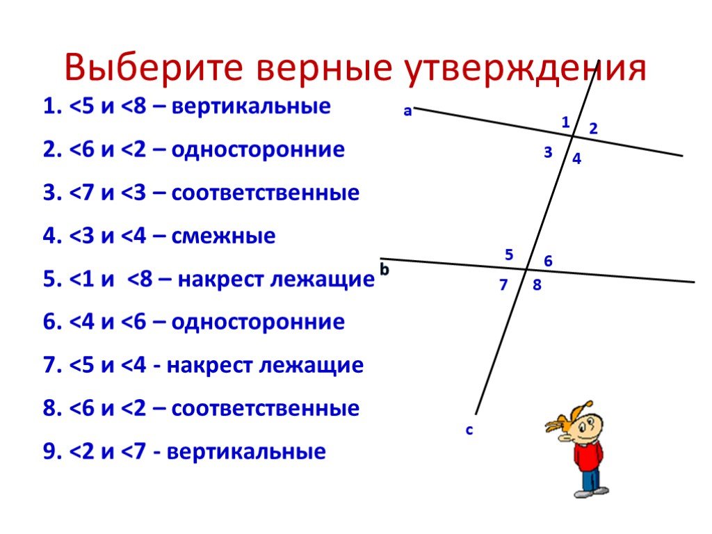 5 укажите верные утверждения. Смежные углы вертикальные углы накрест лежащие углы соответственные. Накркстдежашие соотвестенные углы.