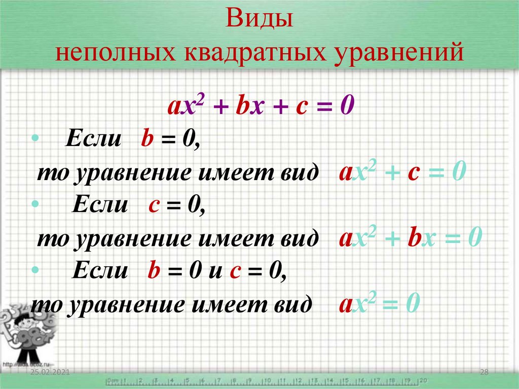 Презентация квадратные уравнения. Неполное квадратное уравнение формула. Виды неполных квадратных уравнений. Три вида неполных квадратных уравнений. Квадратные уравнения 8 класс.