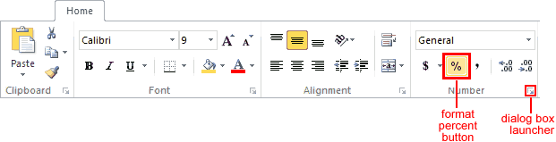 Excel Format Cells As Percentage Button and Dialog Box Launcher