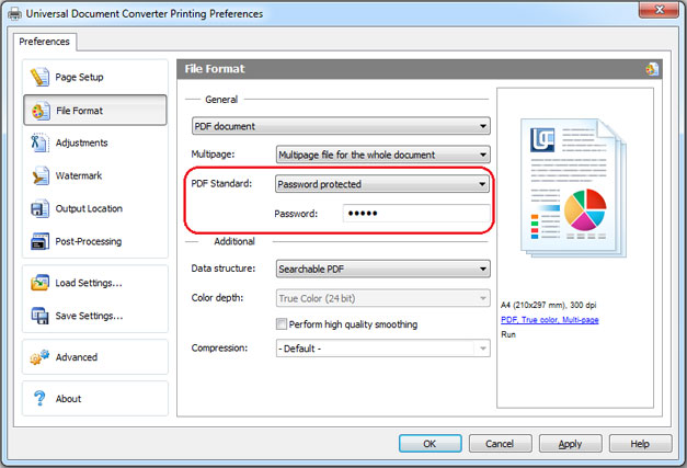 PDF password protection feature in Universal Document Converter settings